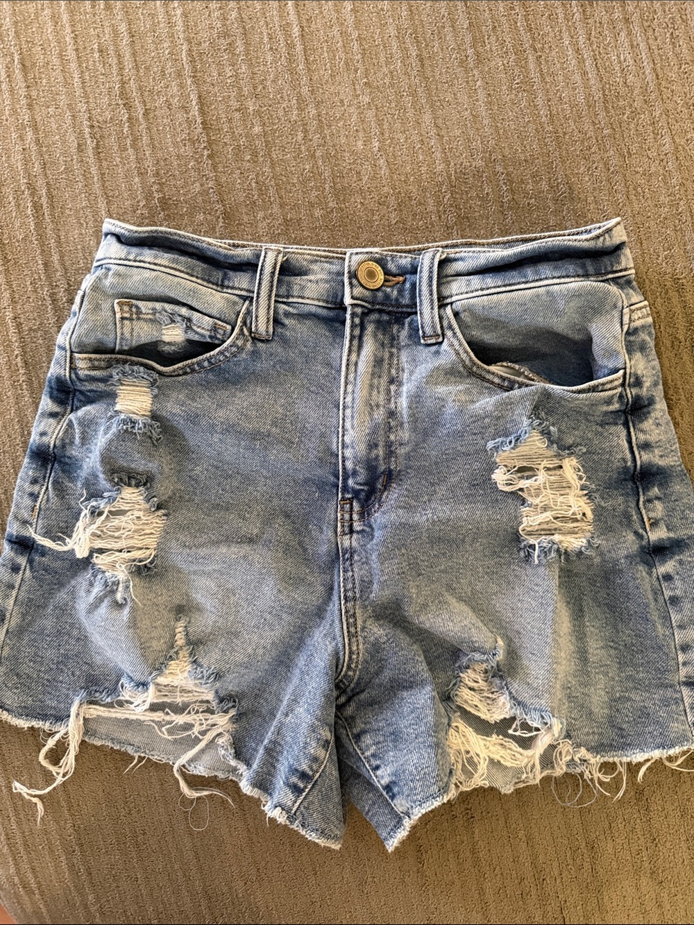 SO Light Blue High-Waist Distressed Denim Shorts